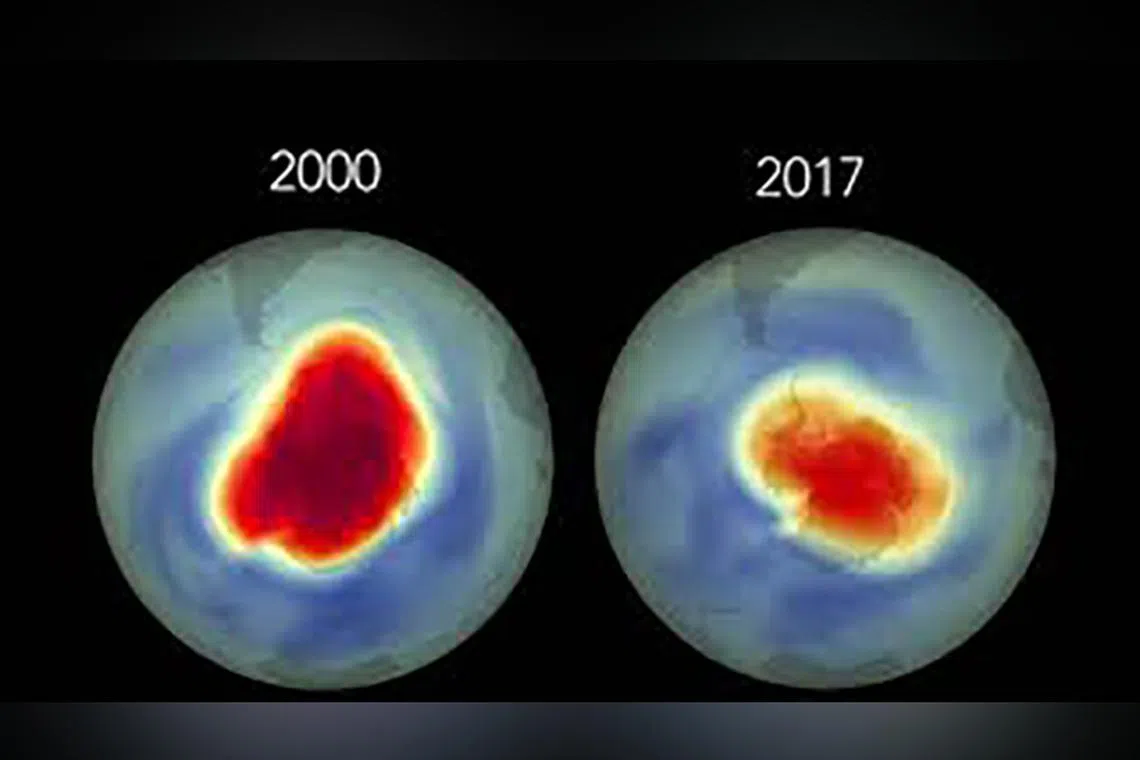 A Nasa image shows how the Antarctic ozone hole has decreased in size between 2000 - 2017. Red and orange sections indicate where ozone levels are the lowest.