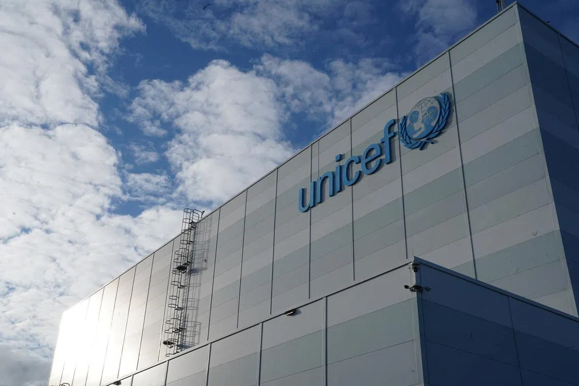 FILE PHOTO: A view shows the logo on the exterior of UNICEF's humanitarian warehouse in Copenhagen, Denmark, November 15, 2023. REUTERS/Tom Little/File Photo