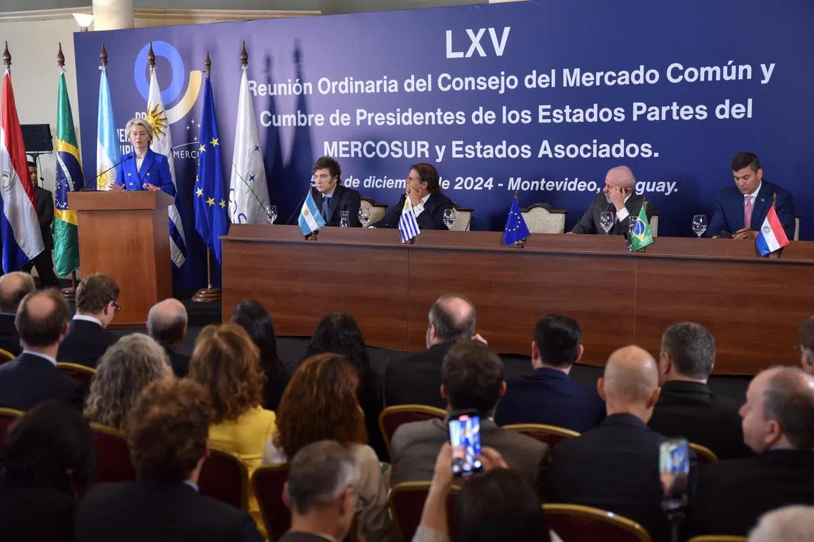 European Commission president Ursula von der Leyen speaking during a press conference with the presidents of Uruguay, Argentina, Brazil and Paraguay, at the Mercosur Summit on Dec 6.