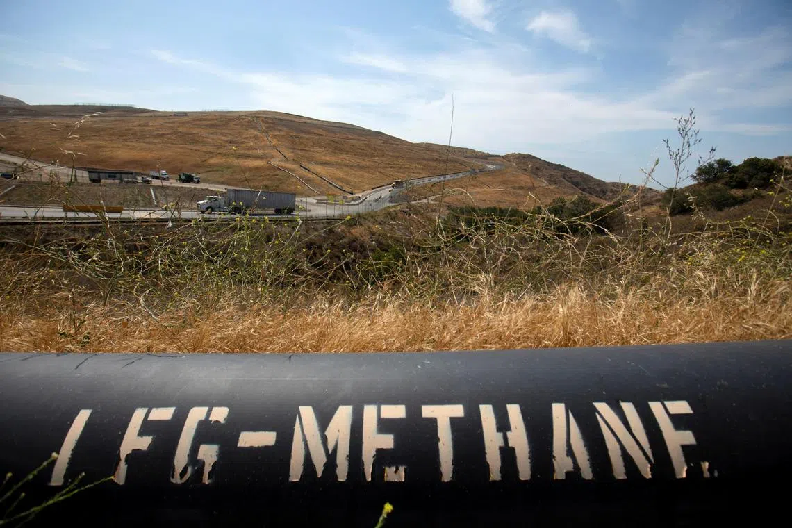 FILE PHOTO: A pipeline that moves methane gas from the Frank R. Bowerman landfill to an onsite power plant is shown in Irvine, California, California, U.S., June 15, 2021.Picture taken June 15, 2021.     REUTERS/Mike Blake/File Photo