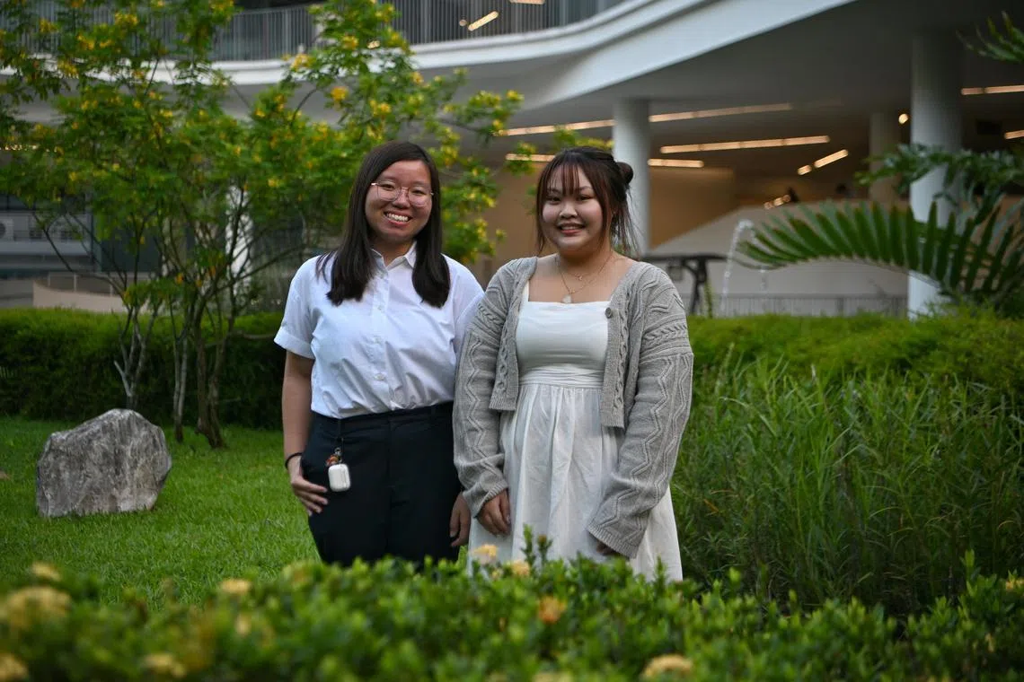 (From left) Alumni of Ngee Ann Polytechnic, Charleen Tan, 20, and Nikol Goh Zhi Wei, 20, at the Ngee Ann Polytechnic Student Excellence Awards 2023.