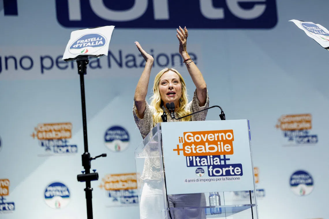 FILE PHOTO: Italian Prime Minister Giorgia Meloni applauds as she delivers closing remarks at a rally celebrating her government's record as the longest-serving administration in Italy's republican history, in Bari, Italy, September 4, 2026. REUTERS/Remo Casilli/File Photo