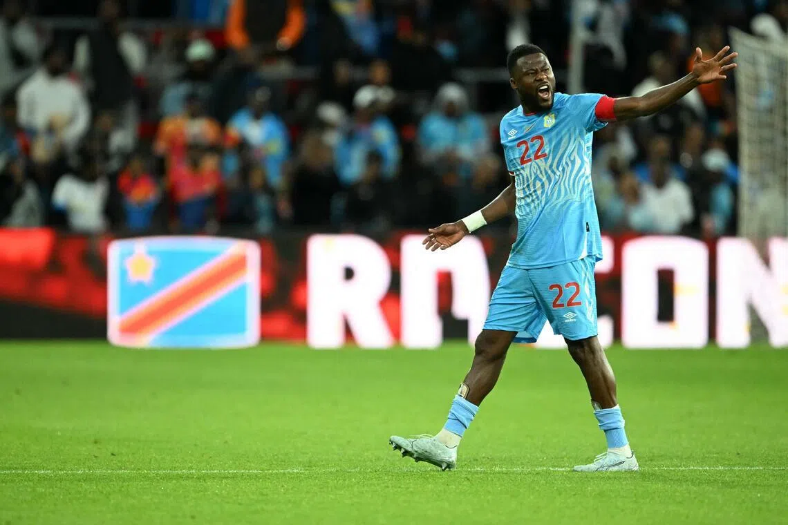 Congo defender Chancel Mbemba reacts at the end of the international friendly football match against Denmark ahead of the World Cup football tournament at the Stade Maurice Dufrasne in Liege on June 3, 2026.