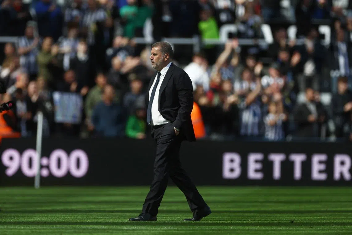 FILE PHOTO: Soccer Football - Premier League - Newcastle United v Tottenham Hotspur - St James' Park, Newcastle, Britain - April 13, 2024 Tottenham Hotspur manager Ange Postecoglou looks dejected after the match Action Images via Reuters/Lee Smith/File photo
