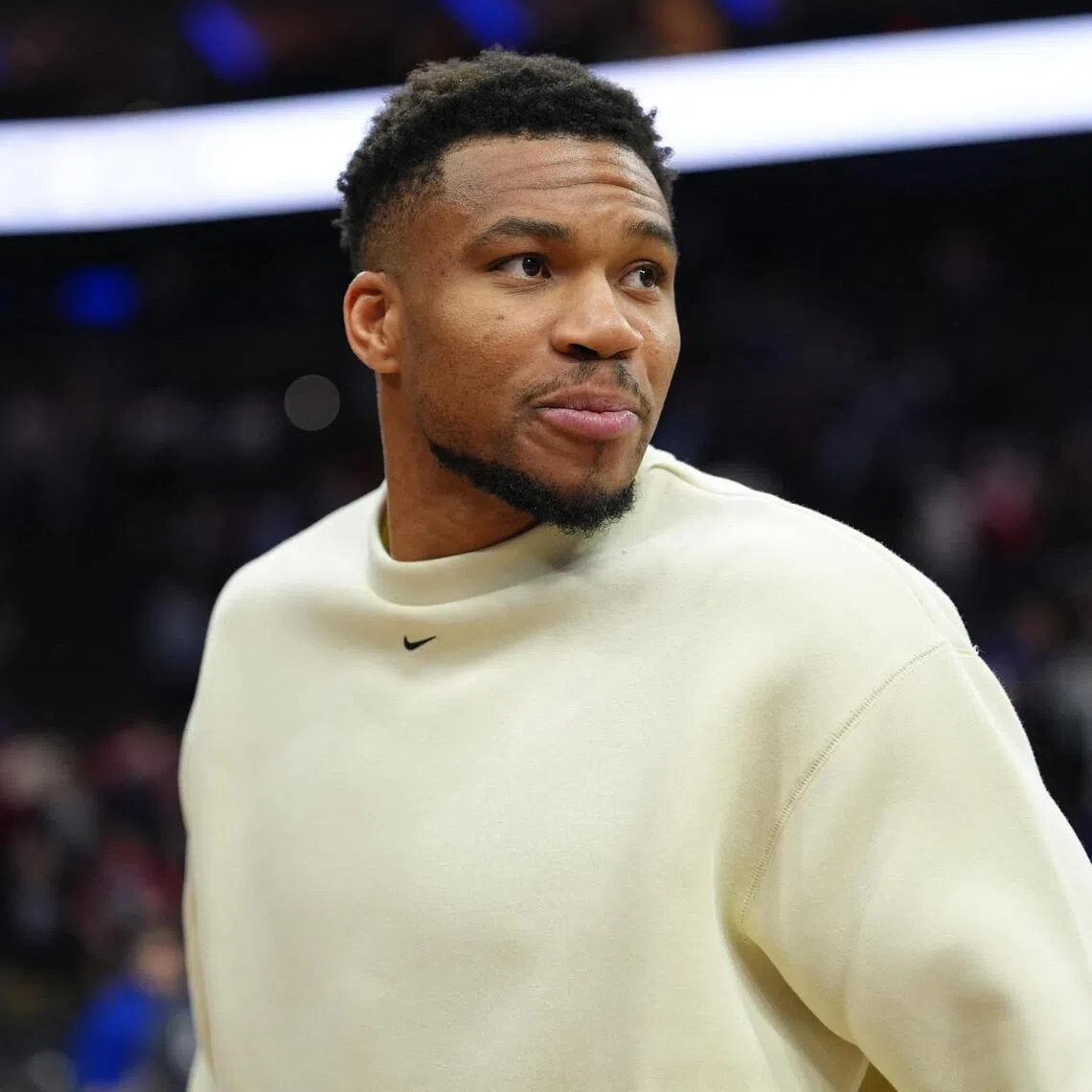 Milwaukee Bucks forward Giannis Antetokounmpo looks on after the game against the Philadelphia 76ers at Xfinity Mobile Arena.