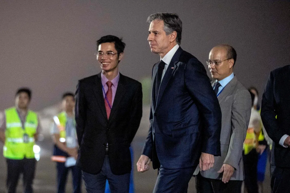 US Secretary of State Antony Blinken arrives for an official visit to Vietnam at Noi Bai international airport in Hanoi, on April 14.