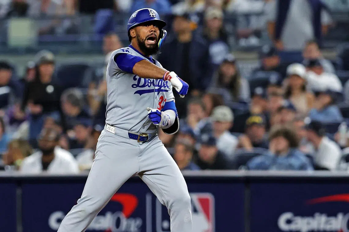 FILE PHOTO: Oct 30, 2024; New York, New York, USA; Los Angeles Dodgers outfielder Teoscar Hernandez (37) celebrates after hitting a single during the ninth inning against the New York Yankees in game four of the 2024 MLB World Series at Yankee Stadium. Mandatory Credit: Brad Penner-Imagn Images/File photo