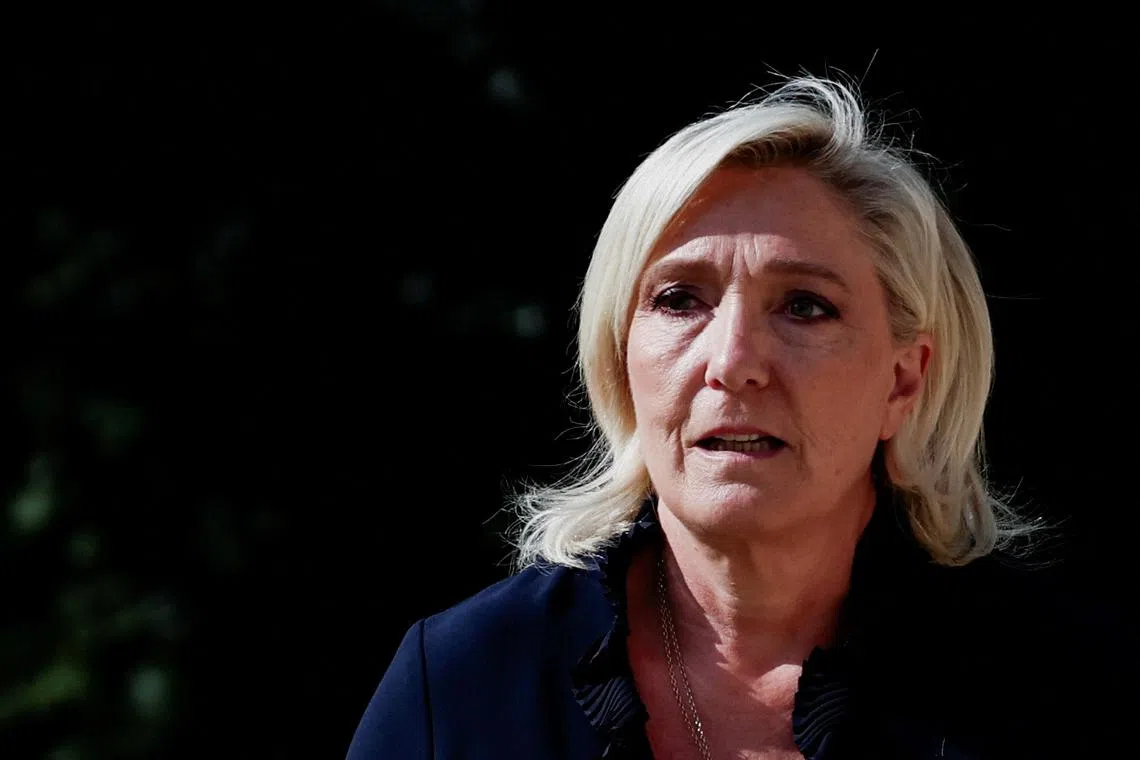 FILE PHOTO: French far-right leader Marine Le Pen, member of parliament of the Rassemblement National (National Rally - RN) party arrives at the Elysee Palace as French President Emmanuel Macron meets party leaders for talks to discuss appointing a new prime minister, in Paris, France, August 26, 2024. REUTERS/Gonzalo Fuentes/File Photo