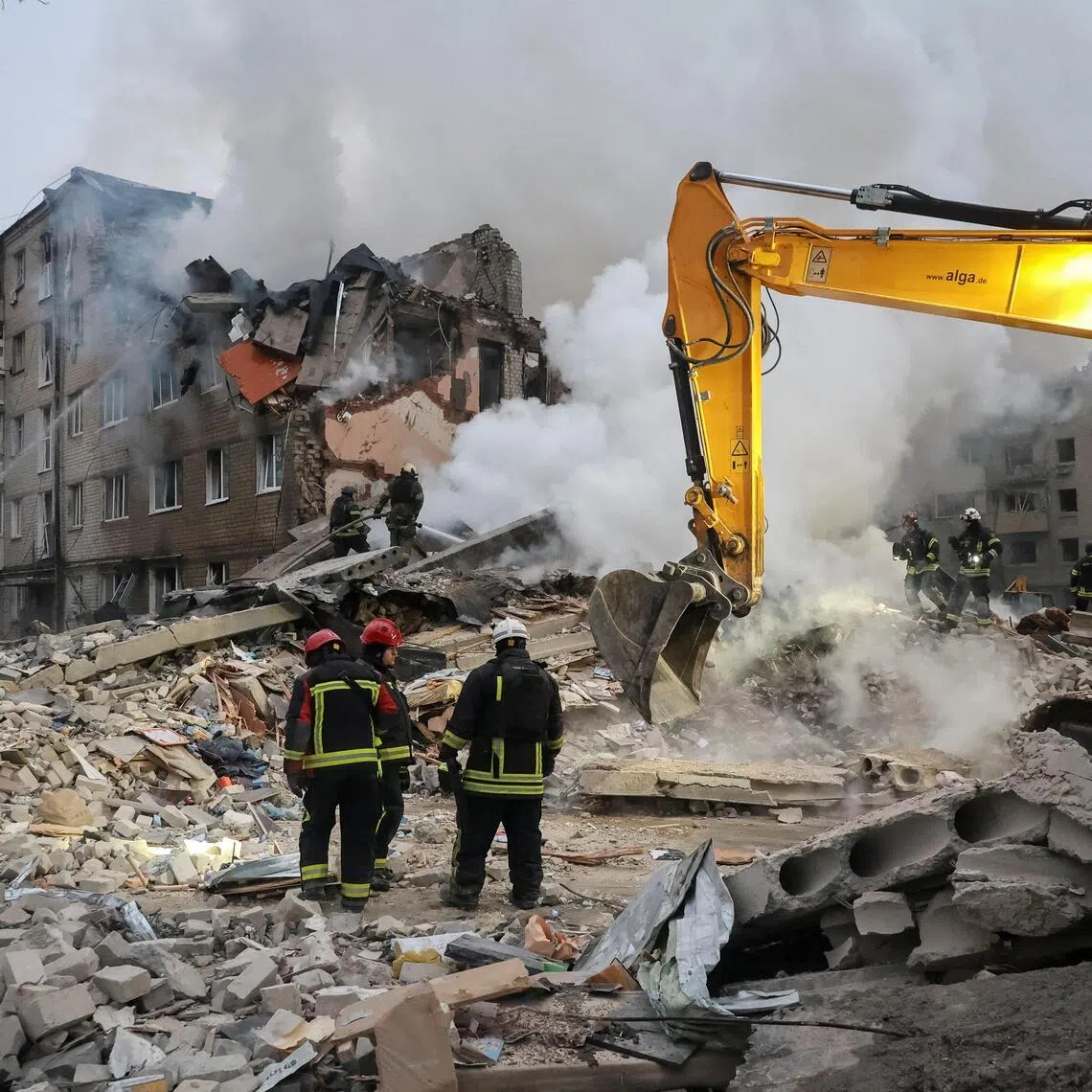 The site of an apartment building hit by a Russian missile strike in Kharkiv, Ukraine, on March 7.