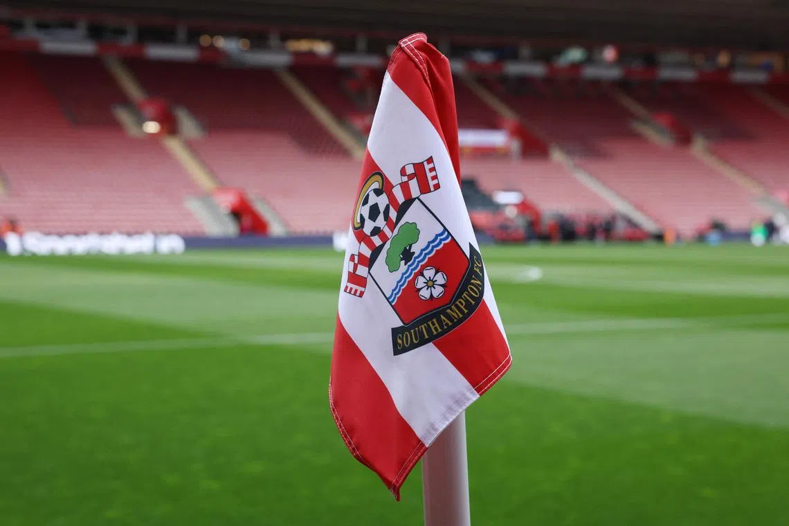 Soccer Football - Premier League - Southampton v Leicester City - St Mary's Stadium, Southampton, Britain - March 4, 2023  General view of a corner flag with the Southampton emblem on it inside the stadium before the match REUTERS/Ian Walton