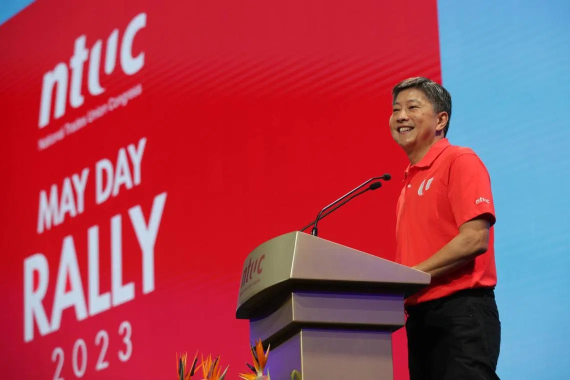 NTUC Secretary-General Ng Chee Meng delivers his speech at the May Day Rally 2023 at Suntec Singapore Convention & Exhibition Centre on May 1.