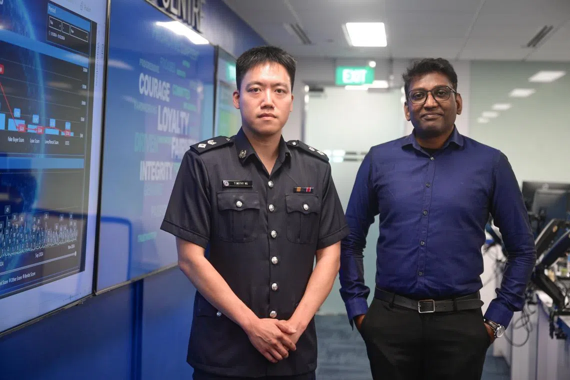 Deputy Superintendent of Police Timothy Ng (left) and Mr Uthayakumar Chellappan Silvaraju, senior associate at DBS Anti-Scam Team helped the man avoid losing more money.
