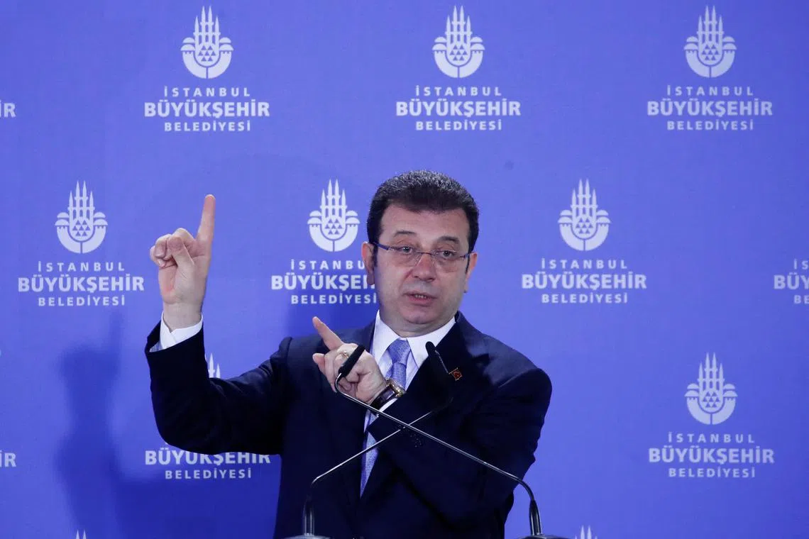 Istanbul Mayor Ekrem Imamoglu speaks during a press conference in Istanbul, Turkey, January 27, 2025. REUTERS/Dilara Senkaya