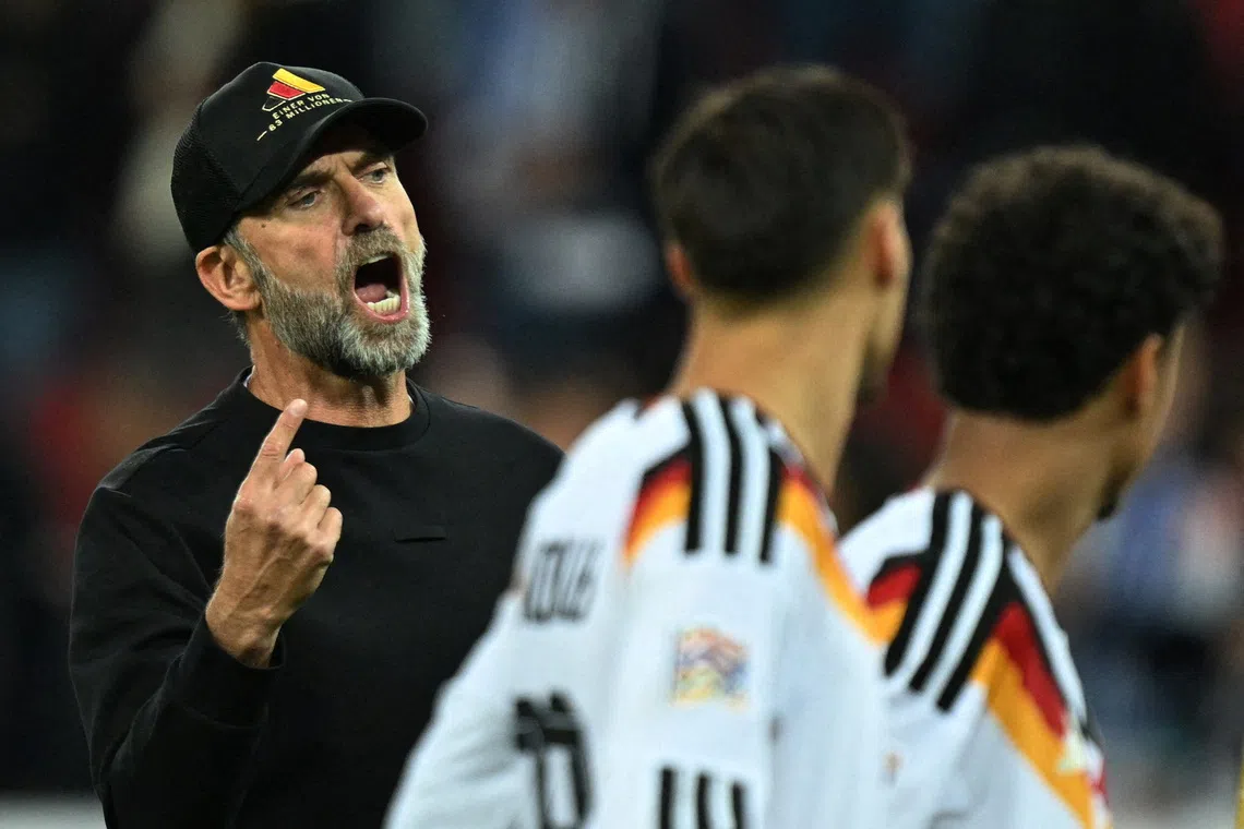 Germany coach Jurgen Klopp reacts after the Nations League Group A2 match, where his team lost 1-0 to Greece in Augsburg, Germany.