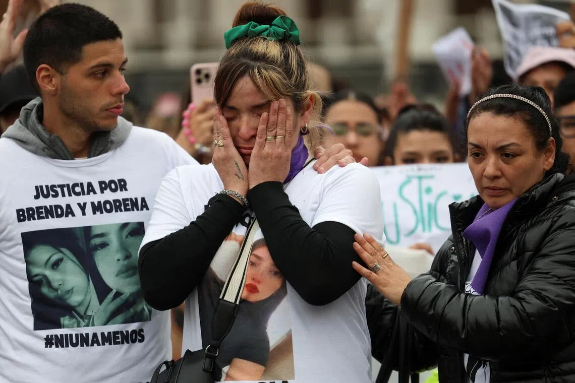 Paula Fabero, Brenda del Castillo's mother, reacting as relatives and friends of Brenda del Castillo, Morena Verdi and Lara Gutierrez march on Sept 27 in Buenos Aires with abortion rights activists to mark the International Safe Abortion Day and call for justice after the three young women were tortured and murdered last week in a suspected drug gang revenge attack.