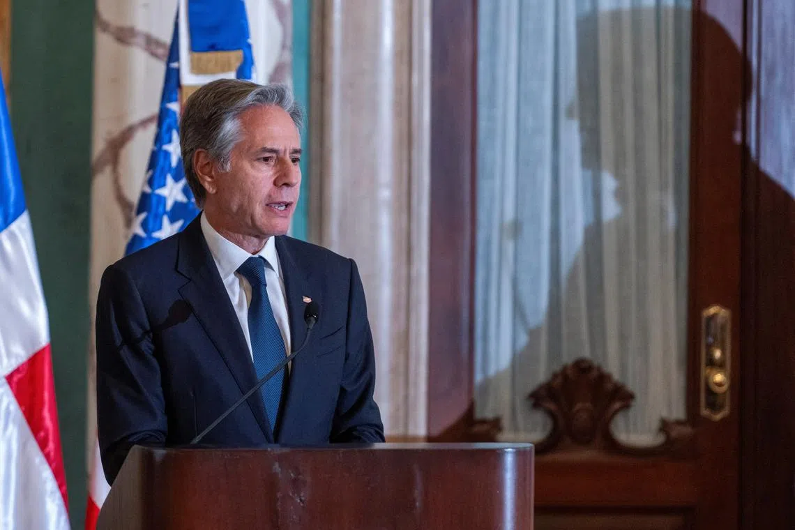 FILE PHOTO: U.S. Secretary of State Antony Blinken speaks during a joint news conference with President of the Dominican Republic Luis Abinader at the National Palace, in Santo Domingo, Dominican Republic, September 6, 2024. Roberto Schmidt/Pool via REUTERS/File Photo