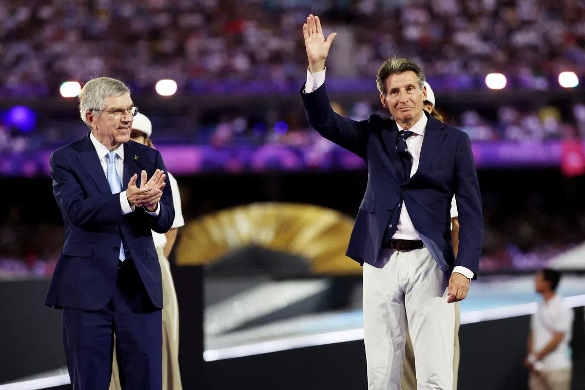 FILE PHOTO: Paris 2024 Olympics - Athletics - Women's Marathon Victory Ceremony - Stade de France, Saint-Denis, France - August 11, 2024. International Olympic Committee (IOC) President Thomas Bach and World Athletics President Sebastian Coe during the medal ceremony REUTERS/Phil Noble/File Photo