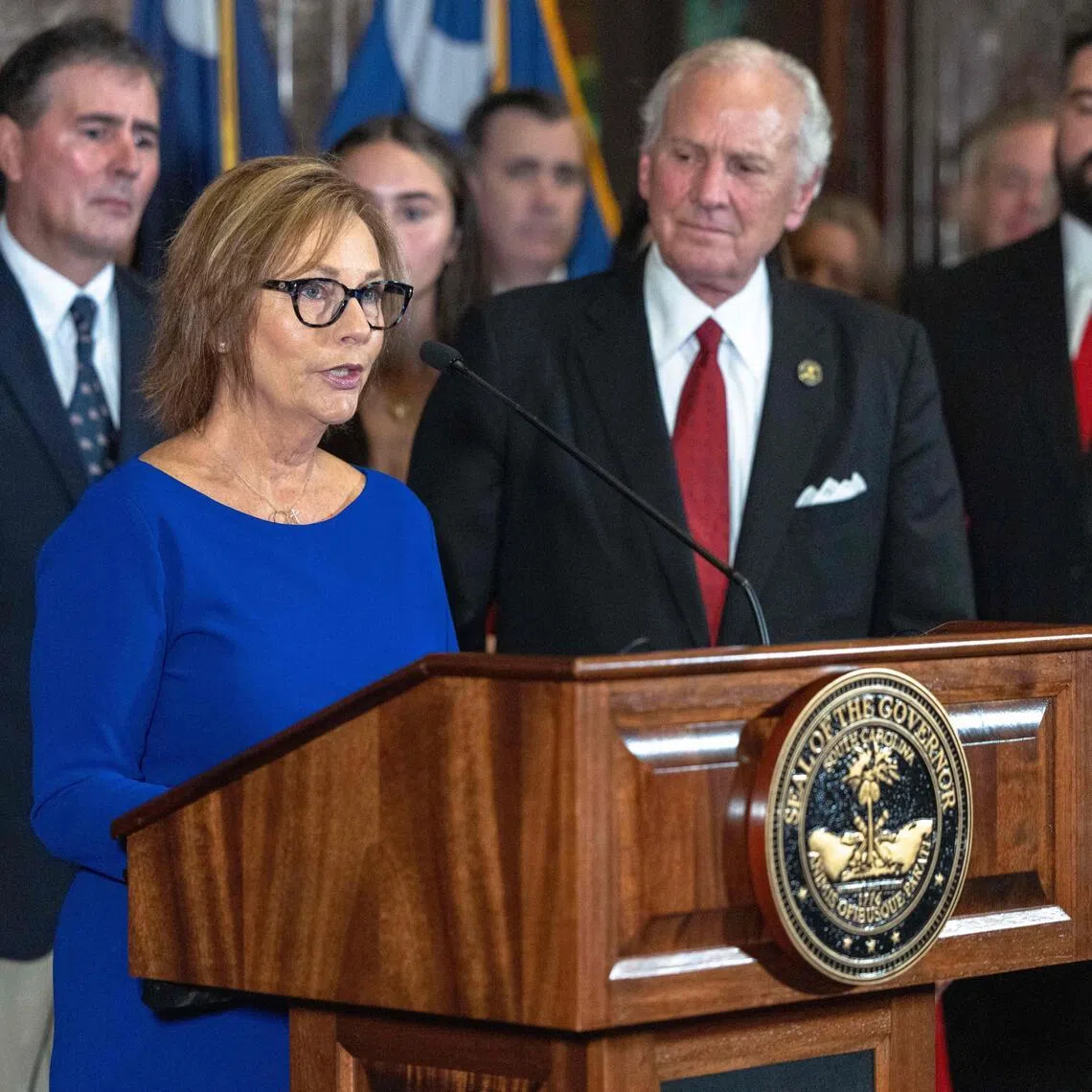 Darline Graham Nordone speaks during a press conference outside the Governor’s South Carolina State House office on July 13.