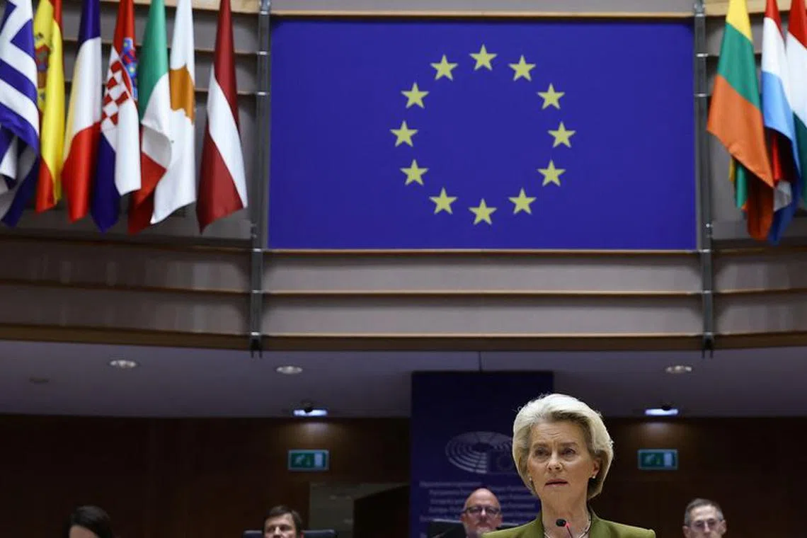 European Commission President Ursula von der Leyen addresses the EU Parliament in Brussels, Belgium November 8, 2023. REUTERS/Yves Herman