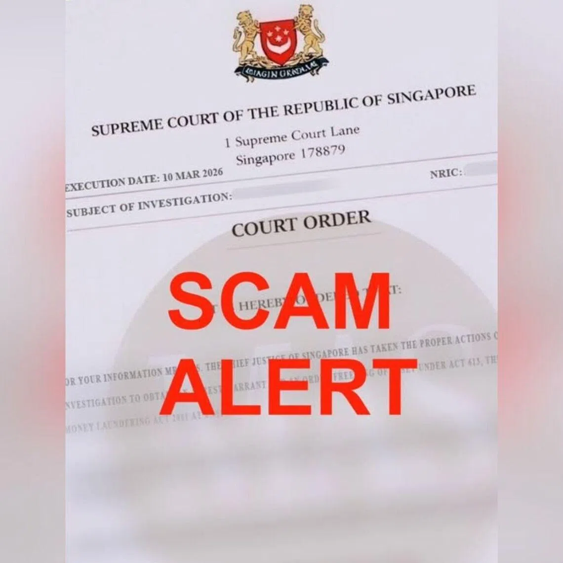 The fraudulent "court order" would instruct parties to transfer money to a bank account to avoid legal action.