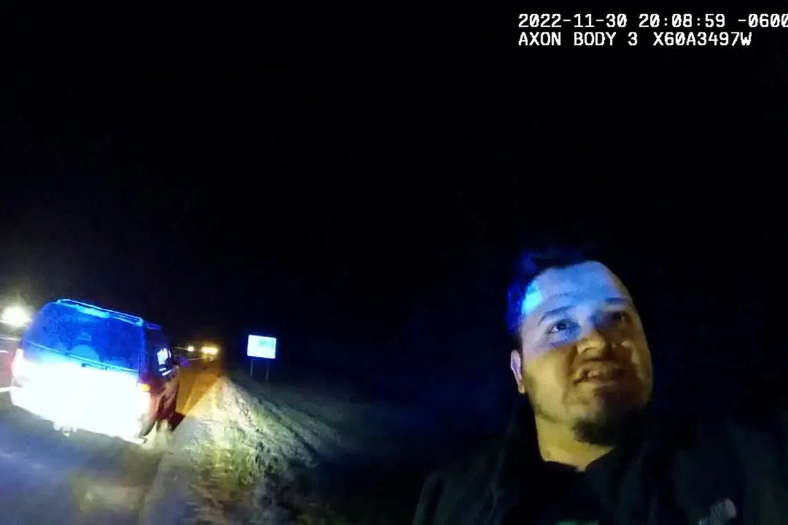 FILE PHOTO: Kilmar Abrego-Garcia, a Salvadoran national, speaks with a Tennessee Highway Patrol officer during a traffic stop on Interstate 40 in Tennessee, U.S. November 30, 2022 in a still image from body camera video.   Tennessee Department of Safety & Homeland Security/Handout via REUTERS/File Photo