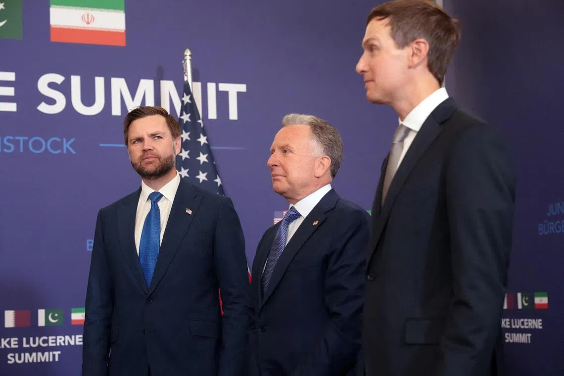US special envoys Steven Witkoff (centre) and Jared Kushner (right) with US Vice-President J.D. Vance. The last direct flight of a US registered jet to Russia from Europe took place in January 2026, carrying the two envoys.