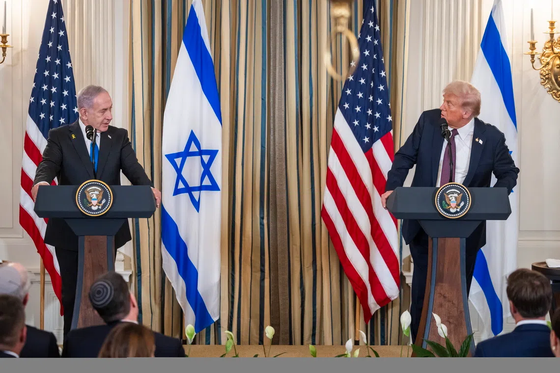US President Donald Trump and Israeli Prime Minister Benjamin Netanyahu speak at a press conference in the State Dining Room of the White House in Washington, DC, USA, on Sept 29, 2025.