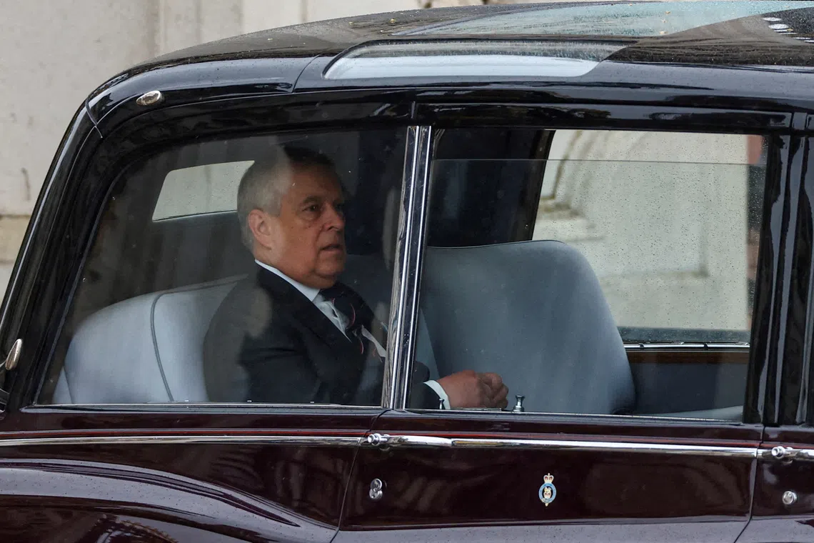 FILE PHOTO: Britain's Prince Andrew leaves Buckingham Palace on the day of Britain's King Charles' coronation ceremony, in London, Britain May 6, 2023. REUTERS/Hannah McKay/File Photo