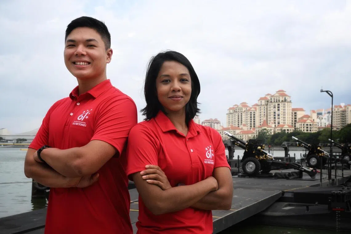 Major Chin Wei Jian (left), Presidential Gun Salute 2026 chairman, and Captain L Vaishnavi, PGS 2026 organising secretary, on July 18.