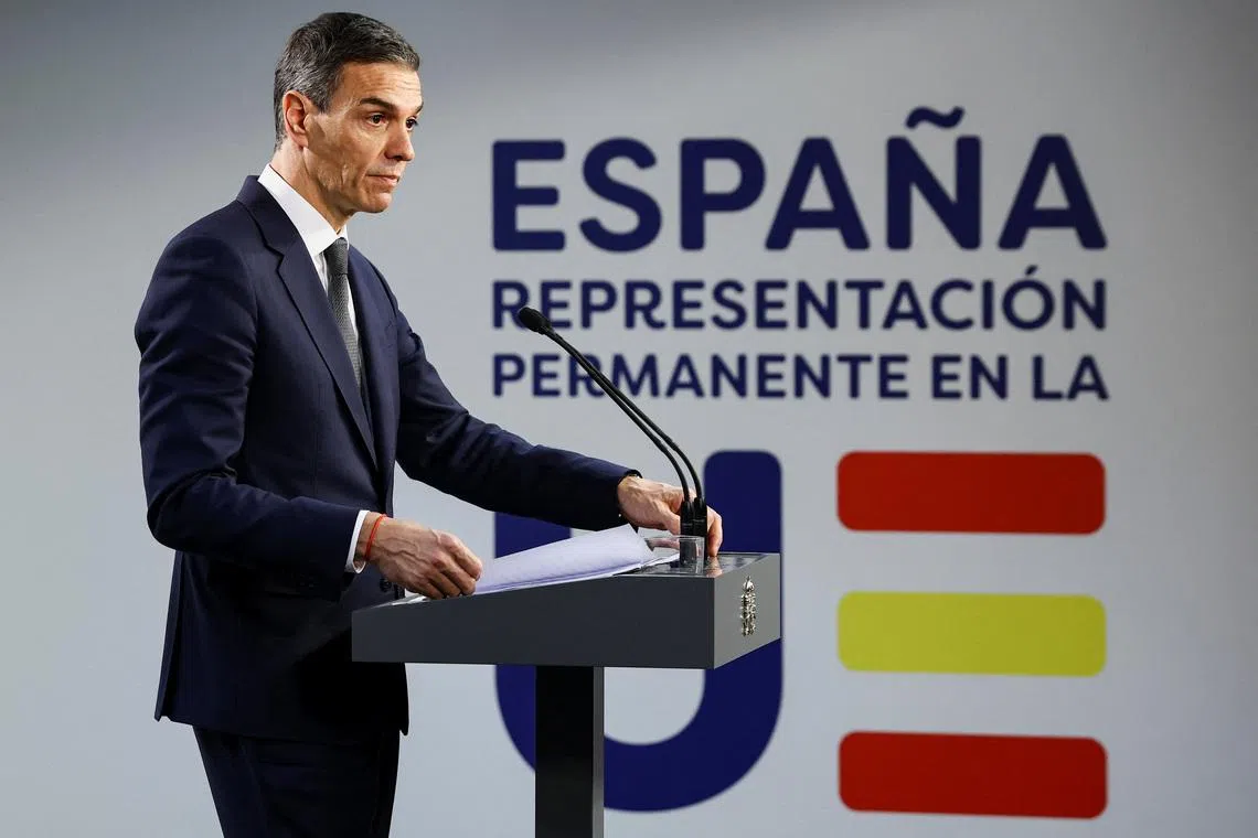 Spanish Prime Minister Pedro Sanchez speaks during a press conference in Brussels, Belgium January 23, 2026. REUTERS/Yves Herman