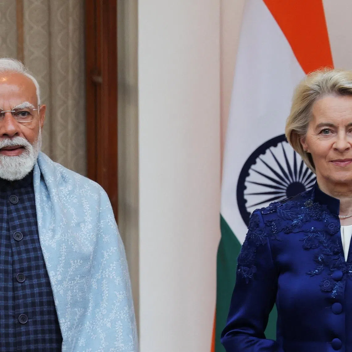Indian Prime Minister Narendra Modi and European Commission President Ursula von der Leyen pose during a photo opportunity ahead of their meeting at the Hyderabad House in New Delhi, India, January 27, 2026. REUTERS/Altaf Hussain
