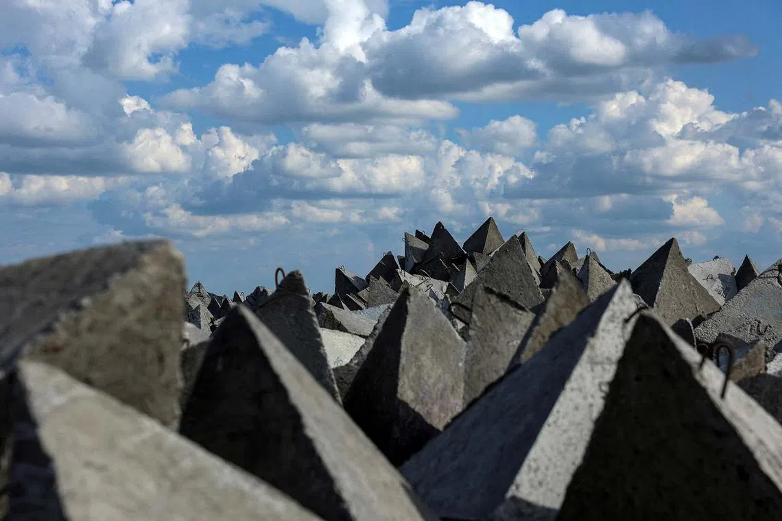 Anti-tank fortifications, named 'dragon's teeth', near the frontline town of Pokrovsk in Donetsk region, Ukraine, May 21, 2025. 