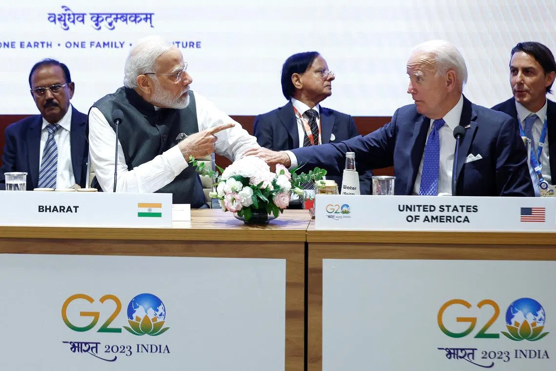 In a break from convention, Indian Prime Minister Narendra Modi used a desk plaque that says 'Bharat' instead of the English name 'India' on the day of the G20 summit in New Delhi, India, September 9, 2023. REUTERS/Evelyn Hockstein/Pool
