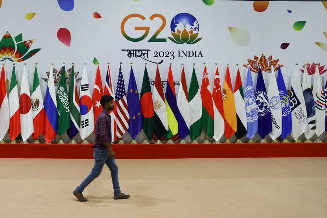 A man walks near flags ahead of G20 Summit in New Delhi, India, September 8, 2023. REUTERS/Anushree Fadnavis/File Photo