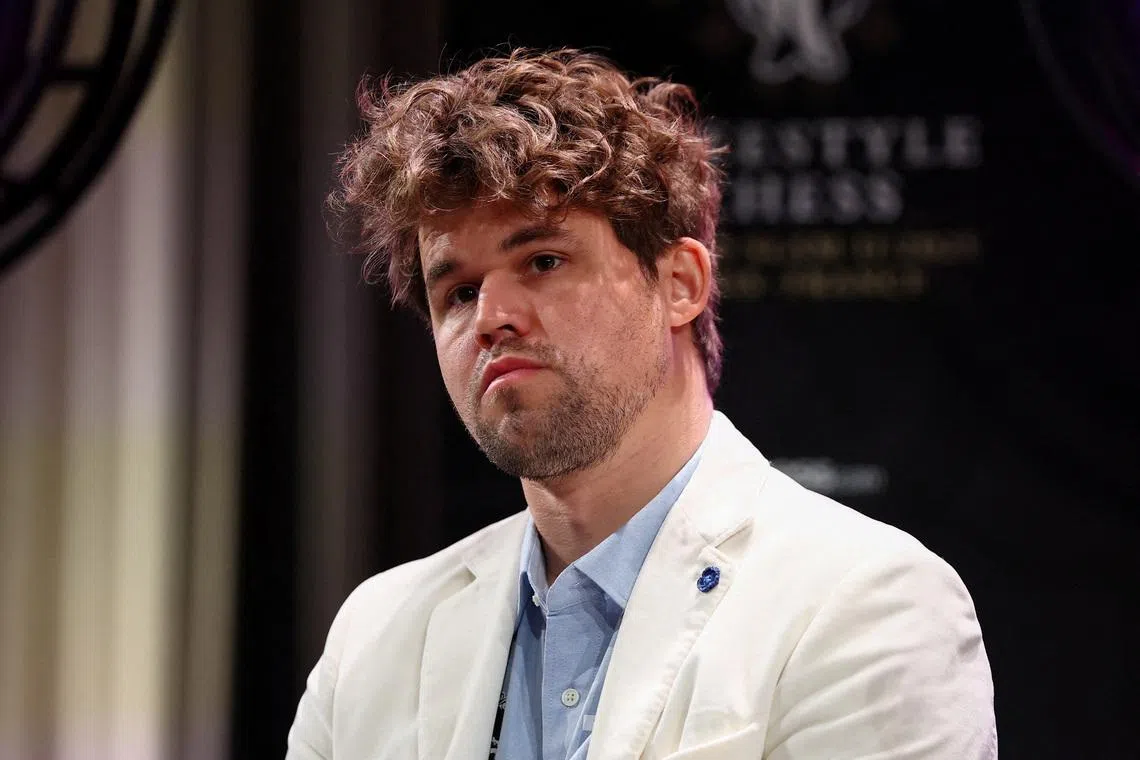Chess grandmaster Magnus Carlsen attends the news conference ahead of the Freestyle Chess Grand Slam Tour in Paris, France, April 7, 2025. REUTERS/Gonzalo Fuentes