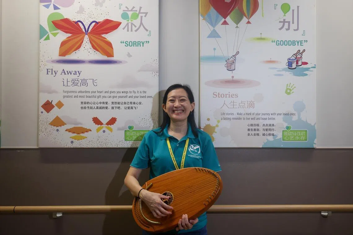 Ms Joanne Gan volunteers at Dover Park Hospice and the Institute of Mental Health, sometimes playing a harp as part of musical therapy for patients.