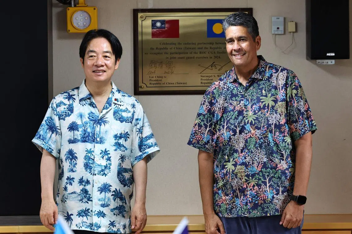 Taiwanese President Lai Ching-te (left) and his Palau counterpart Surangel Whipps Jr at the Port of Malakal in the state of Koror, Palau, on Dec 6.