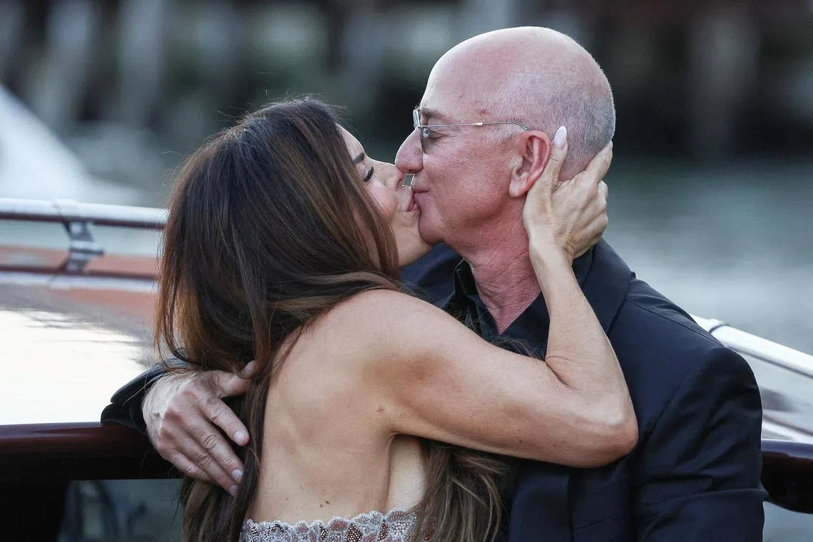Amazon founder Jeff Bezos and his wife Lauren Sanchez Bezos leaving the Aman Venice hotel, on the third day of their wedding festivities, in Venice, Italy, on June 28.