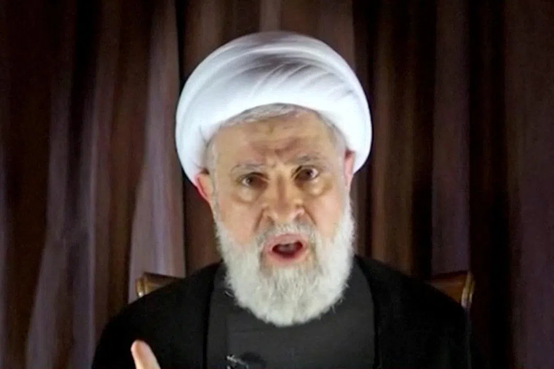 FILE PHOTO: Lebanon's Hezbollah deputy leader Sheikh Naim Qassem delivers a speech as hostilities between Hezbollah and Israel increase, from an unknown location, October 8, 2024 in this still image from video. ReutersTV/Al Manar TV via REUTERS/File Photo