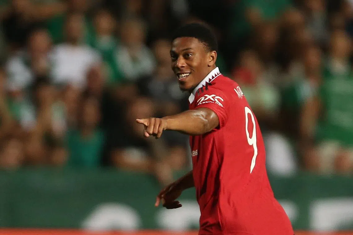 Manchester United's Anthony Martial celebrates scoring their second goal on Oct 6, 2022.