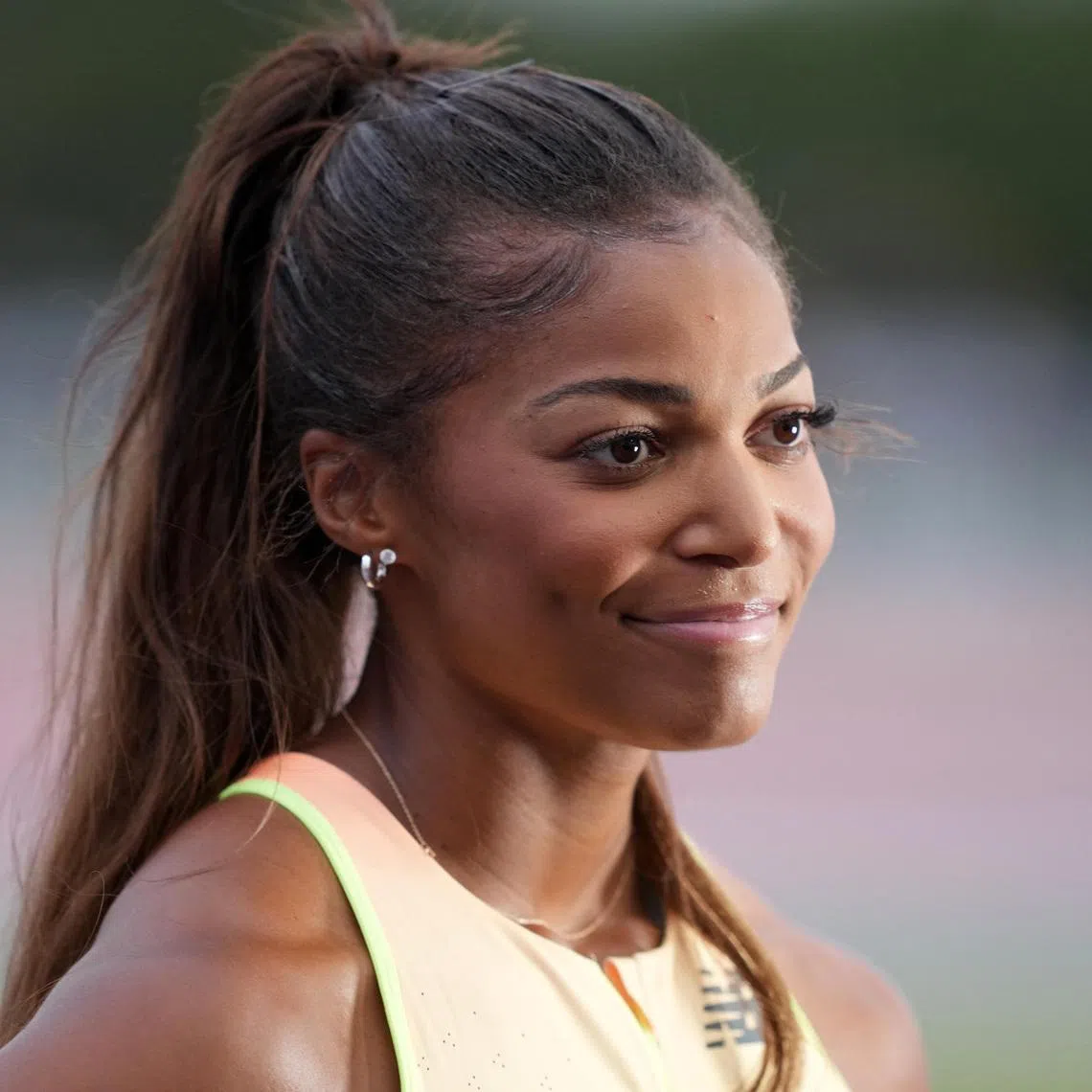 May 3, 2025; Miramar, FL, USA; Gabby Thomas aka Gabrielle Thomas (USA) reacts after winning the short sprints women's 200m in 21.95 during the Grand Slam Track Miami at Ansin Sports Complex. Mandatory Credit: Kirby Lee-Imagn Images/File Photo