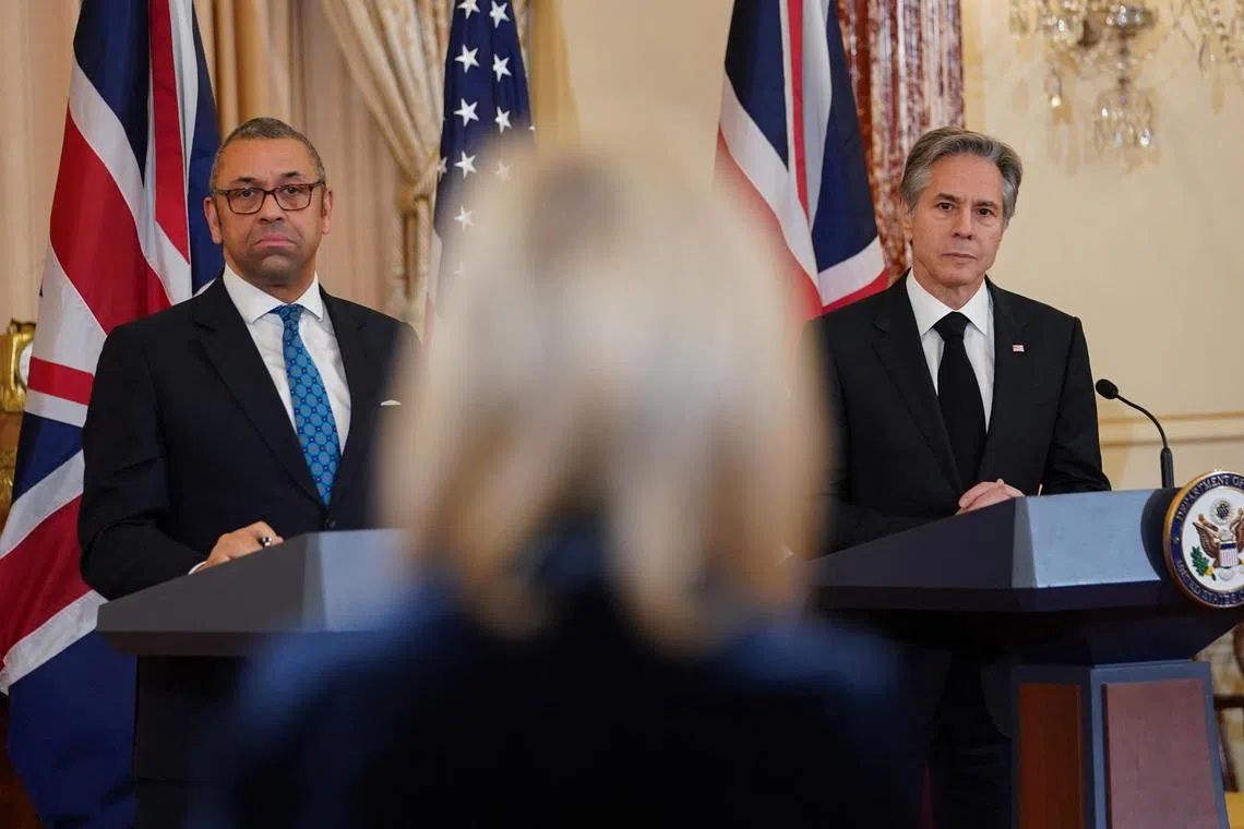 British Foreign Secretary James Cleverly (left) and US Secretary of State Antony Blinken take questions, during a press conference in Washington.