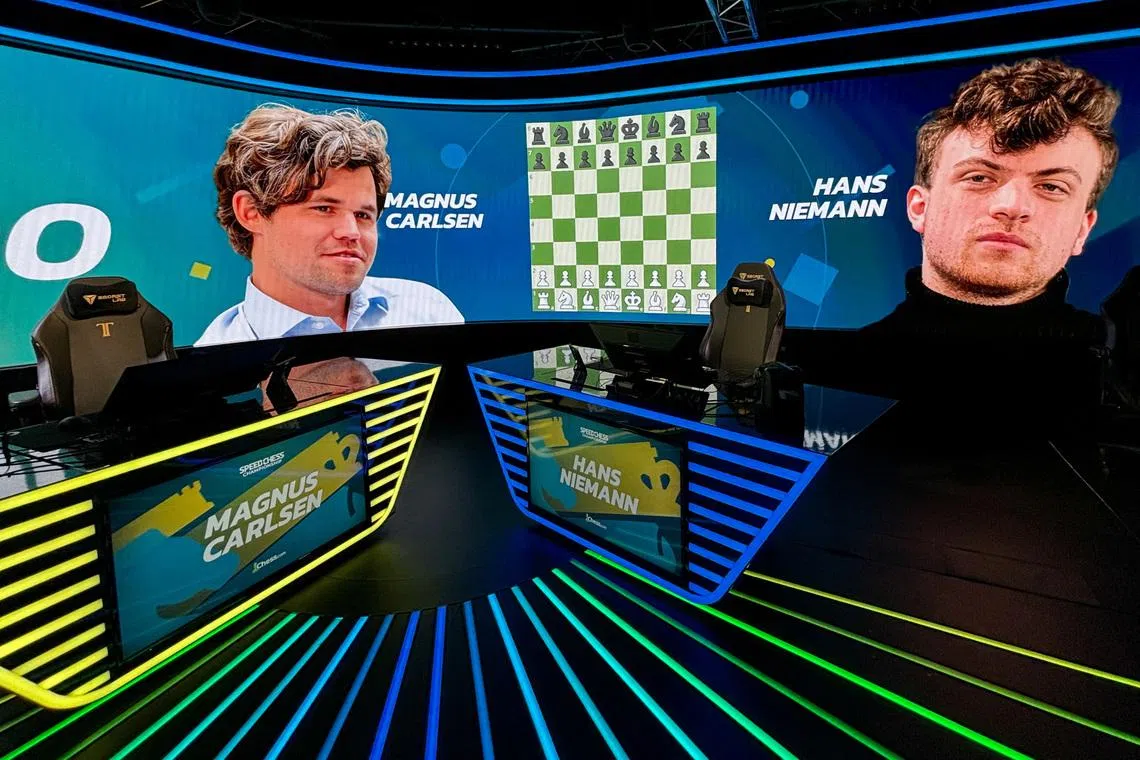 FILE PHOTO: The stage is set ahead of the Speed Chess Championship semi-final between International Chess Federation (FIDE) world number one Magnus Carlsen of Norway and Hans Niemann of the U.S., in Paris, France, September 5, 2024. REUTERS/Julien Pretot