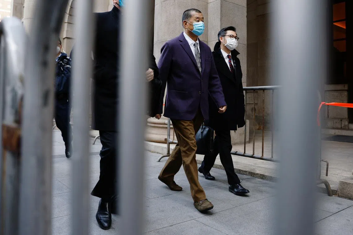 FILE PHOTO: Media mogul Jimmy Lai, founder of Apple Daily, arrives the Court of Final Appeal, for hearing an appeal by the Department of Justice against the bail decision of Jimmy, in Hong Kong, China December 31, 2020. REUTERS/Tyrone Siu/File Photo