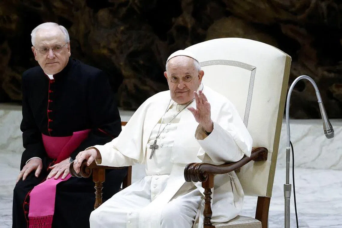 Pope Francis attends a meeting with members of Catholic Charismatic Renewal International Service (CHARIS) at the Paul VI hall at the Vatican, November 4, 2023. REUTERS/Guglielmo Mangiapane/ File Photo
