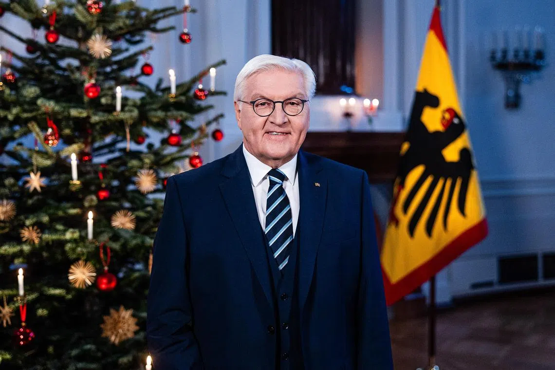 German President Frank-Walter Steinmeier recording his annual Christmas televised address to the nation at Schloss Bellevue in Berlin, Germany on Dec 23. 