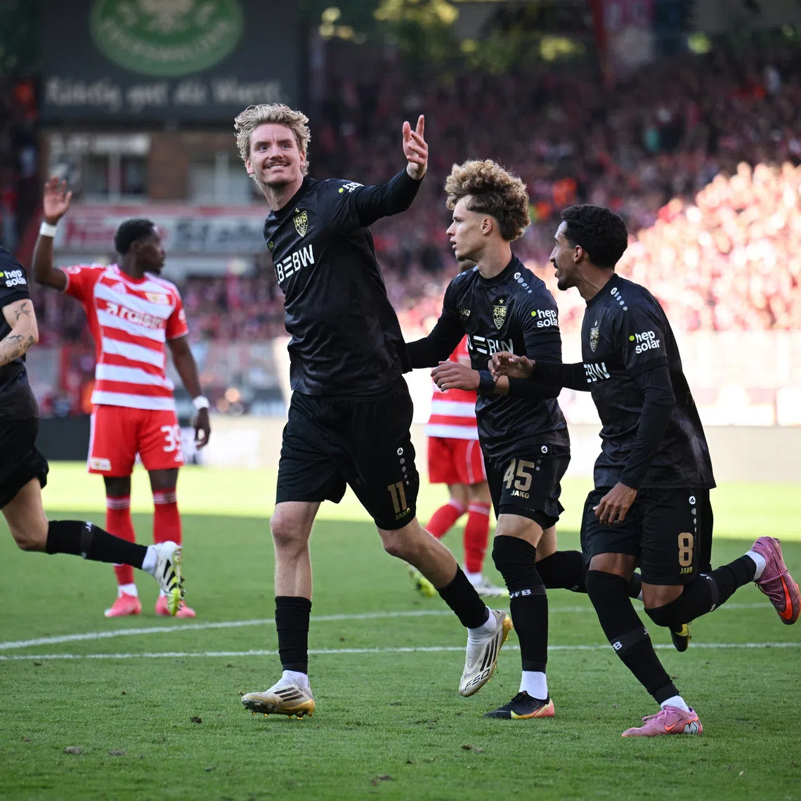 Soccer Football - Bundesliga - 1. FC Union Berlin v VfB Stuttgart - Stadion An der Alten Forsterei, Berlin, Germany - August 23, 2025 VfB Stuttgart's Nick Woltemade celebrates scoring a goal that was later disallowed for being offside following a VAR review. REUTERS/Annegret Hilse