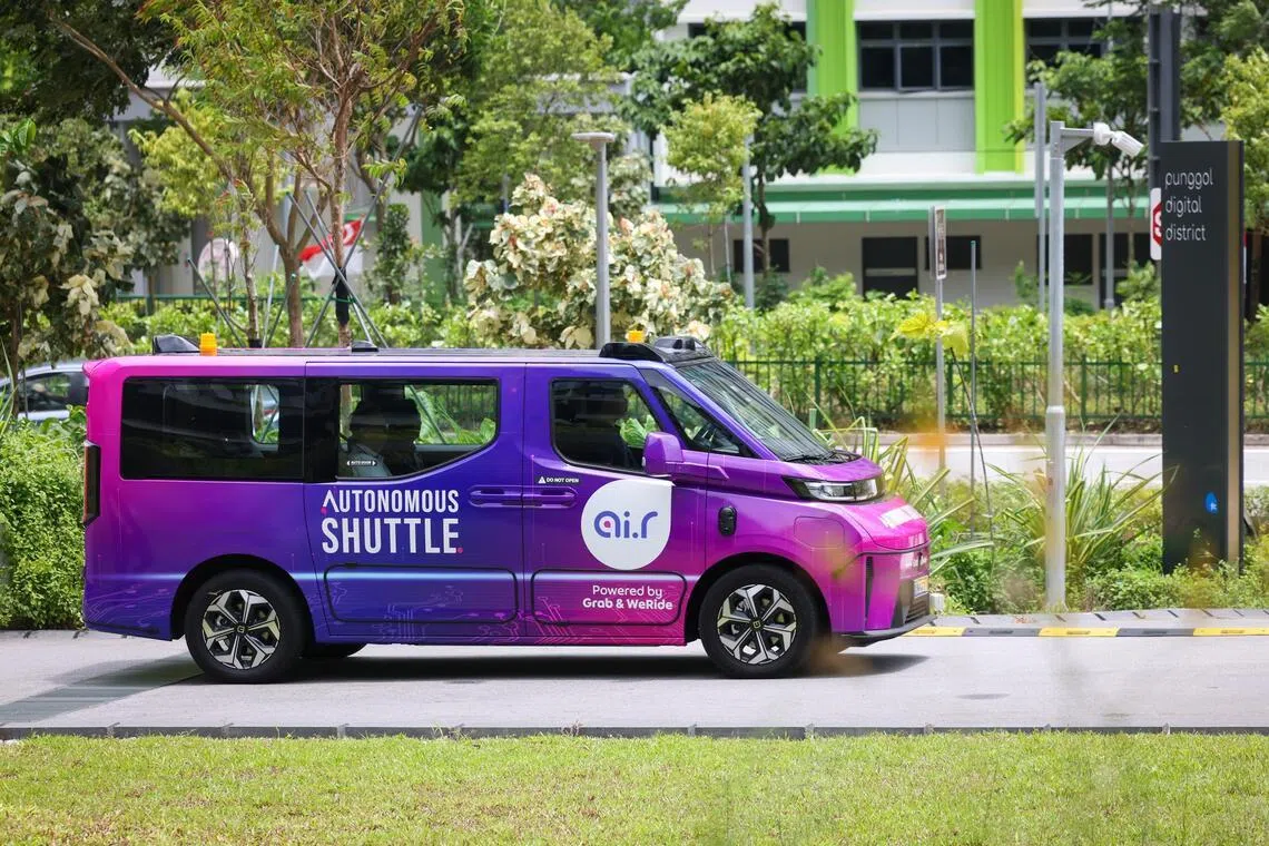 A self-driving shuttle seen during a test drive at the Autonomous Shuttle Roadshow at Punggol Digital District on Sep 20, 2025. 