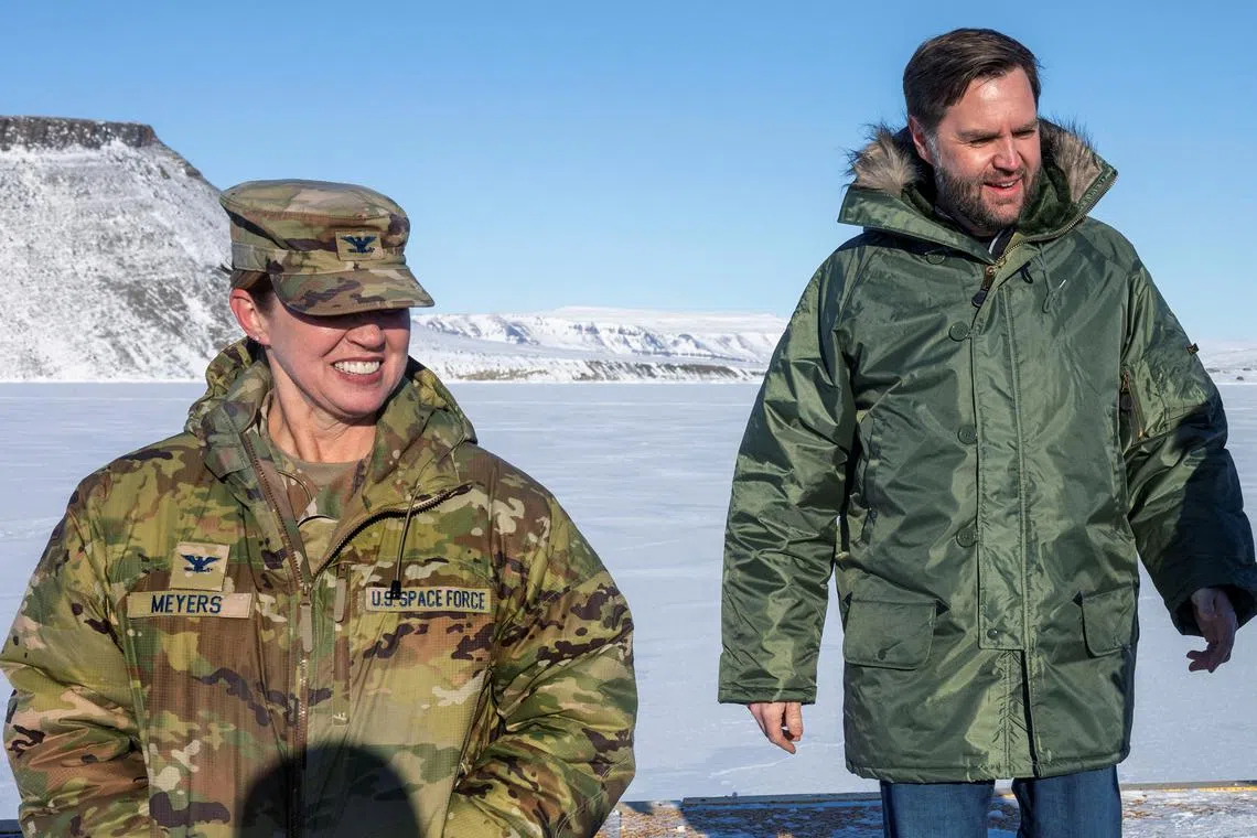 U.S. Vice President JD Vance walks with Col. Susannah Meyers, commander of the U.S. military's Pituffik Space Base, as they tour the base in Greenland on March 28, 2025. Col. Susannah Meyers, commander of the US military's Pituffik Space Base, was removed from command on April 10, 2025, according to a statement released by the Space Operations Command.     JIM WATSON/Pool via REUTERS
