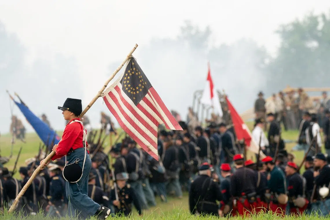 Participants reenacting the Battle of Gettysburg in Pennsylvania, on June 30, 2023. Proponents of the "fourth turning" say the US goes through recurring upheavals, such as during the US Civil War.